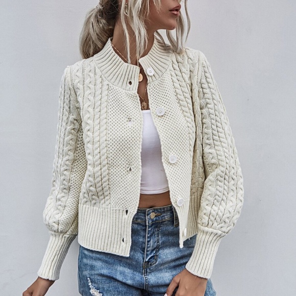 Sweaters - Cream high neck chunky knit cable button cardigan